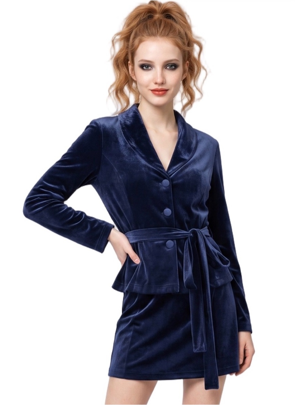 Hillard & Hanson Navy Velvet Peplum Blazer and matching mini skirt set suit SZ S